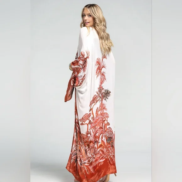 Stunning Kimono w/ Detailed Exotic Japanese Plants & Bonsai Tree Print - Picture 11 of 11